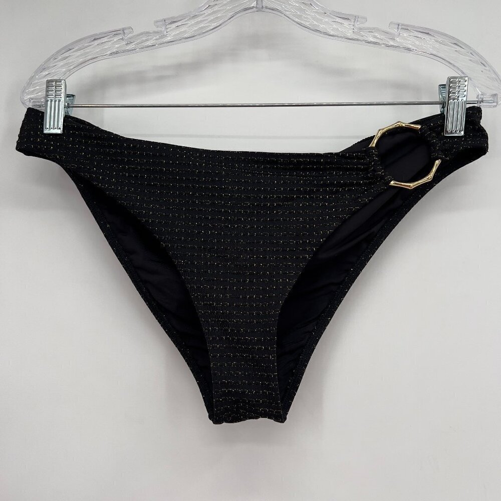 Beach Bunny Black Metallic Gold Bikini Bottoms XL Ring Detail - Picture 2 of 11